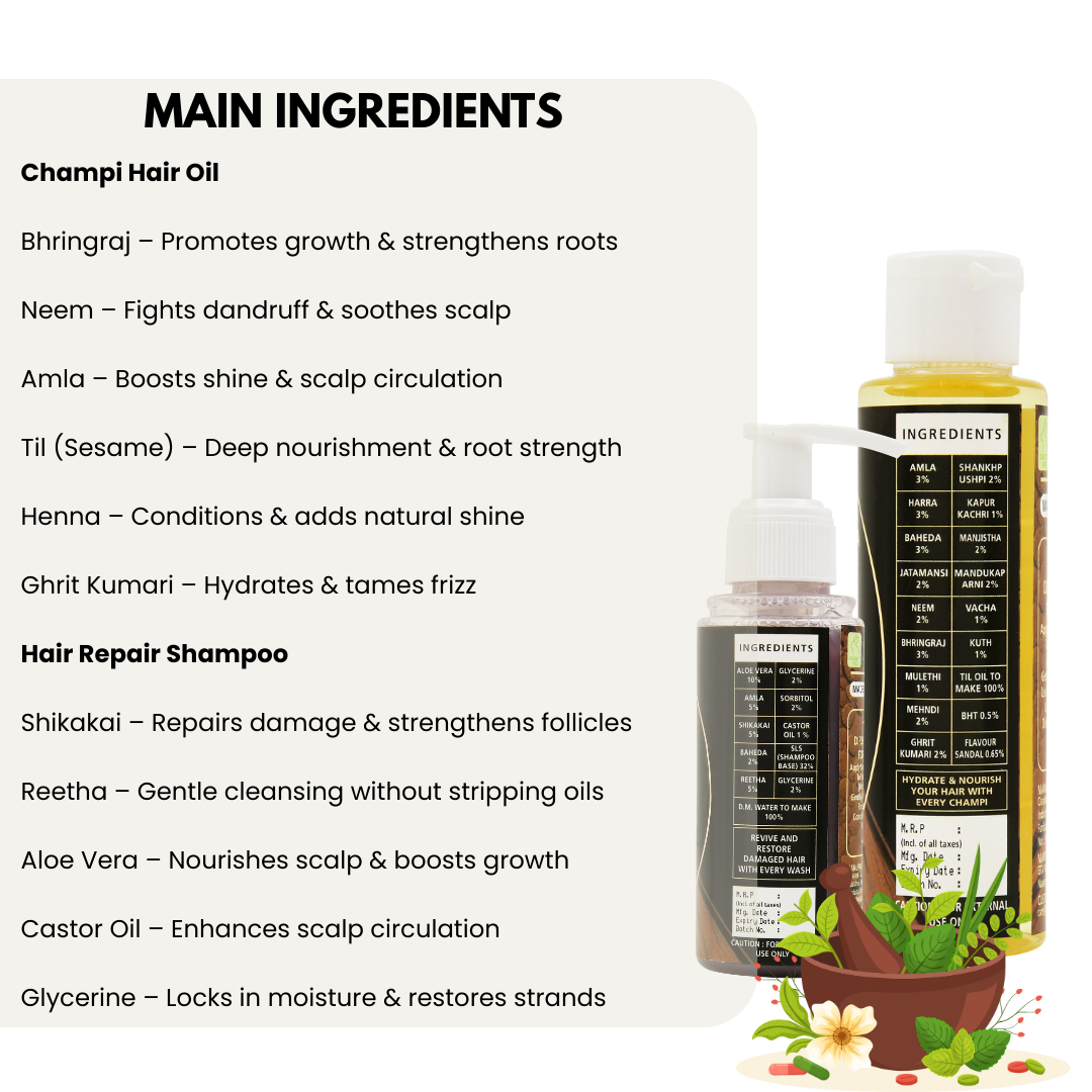 Hair Nourish & Cleanse Combo – Champi Oil (100ml) + Repair Shampoo (100ml)